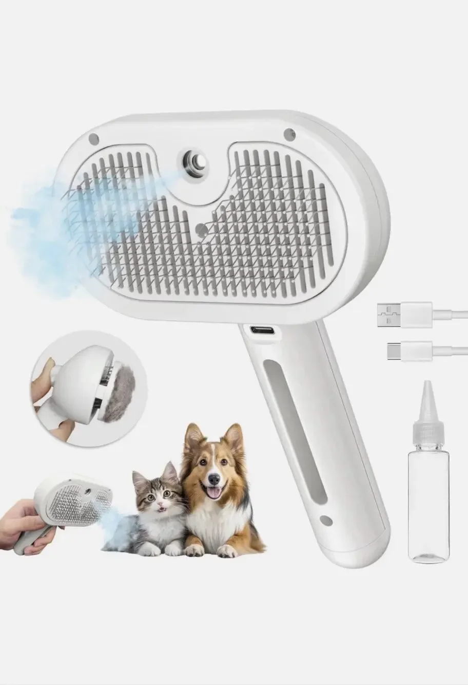 Handheld Liquid Massage Pet Grooming Brush w/ Spray Function, USB, White